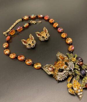 Vintage Style Animal Jewelry Set Fox Head with Yellow Glass Beaded Chain Rhinestone Inlaid Necklace Stud Earrings
