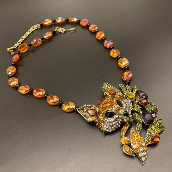 Vintage Style Animal Jewelry Set Fox Head with Yellow Glass Beaded Chain Rhinestone Inlaid Necklace Stud Earrings - Image 6
