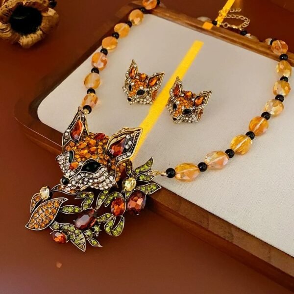 Vintage Style Animal Jewelry Set Fox Head with Yellow Glass Beaded Chain Rhinestone Inlaid Necklace Stud Earrings - Image 3