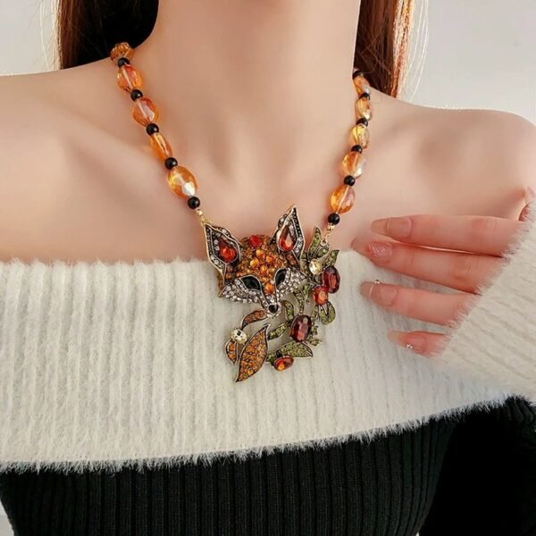 Vintage Style Animal Jewelry Set Fox Head with Yellow Glass Beaded Chain Rhinestone Inlaid Necklace Stud Earrings - Image 2