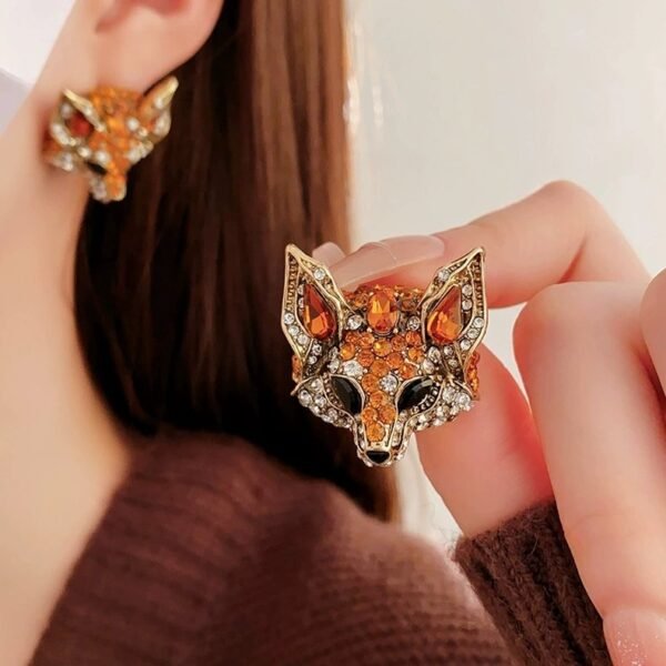 Vintage Style Animal Jewelry Set Fox Head with Yellow Glass Beaded Chain Rhinestone Inlaid Necklace Stud Earrings - Image 4