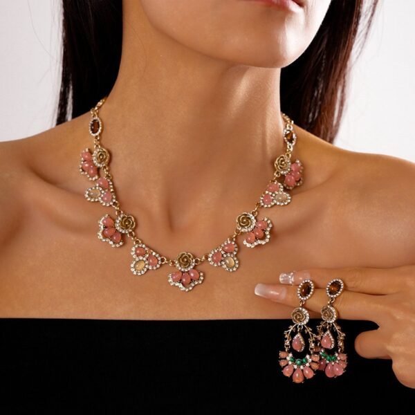 Pink Floral Vintage Style Jewelry Set Tiger Eye Stone Pink Resin Rhinestone Inlaid Dangle Earrings / Necklace / Set - Image 2