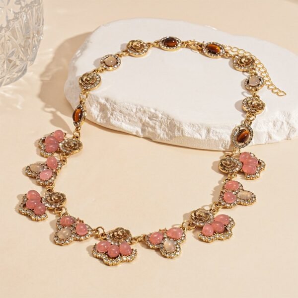 Pink Floral Vintage Style Jewelry Set Tiger Eye Stone Pink Resin Rhinestone Inlaid Dangle Earrings / Necklace / Set - Image 5