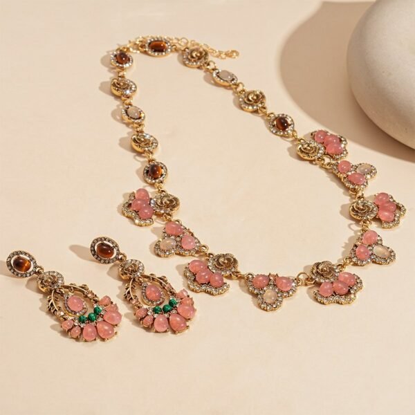 Pink Floral Vintage Style Jewelry Set Tiger Eye Stone Pink Resin Rhinestone Inlaid Dangle Earrings / Necklace / Set - Image 3