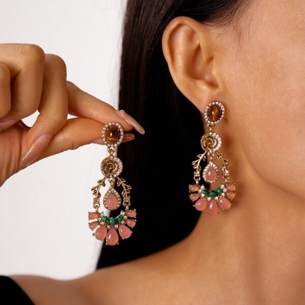 Pink Floral Vintage Style Jewelry Set Tiger Eye Stone Pink Resin Rhinestone Inlaid Dangle Earrings / Necklace / Set - Image 4