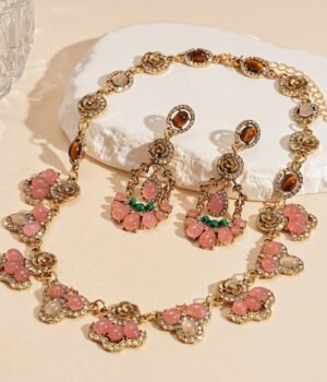 Pink Floral Vintage Style Jewelry Set Tiger Eye Stone Pink Resin Rhinestone Inlaid Dangle Earrings / Necklace / Set