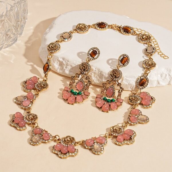 Pink Floral Vintage Style Jewelry Set Tiger Eye Stone Pink Resin Rhinestone Inlaid Dangle Earrings / Necklace / Set