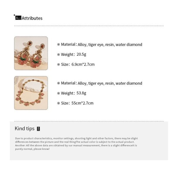 Pink Floral Vintage Style Jewelry Set Tiger Eye Stone Pink Resin Rhinestone Inlaid Dangle Earrings / Necklace / Set - Image 6