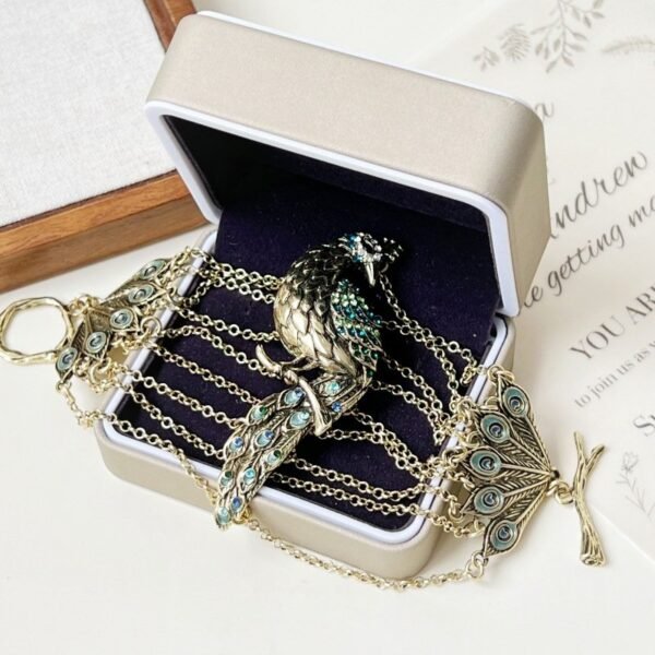 Zinc Alloy Layered Peacock Bracelet Boho Style Ethics Vintage Style OT Clasp Enamel Bracelet Rhinestone Inlaid Feather Shape Wrist Chain - 19cm - Image 5