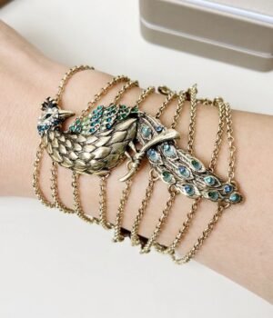 Zinc Alloy Layered Peacock Bracelet Boho Style Ethics Vintage Style OT Clasp Enamel Bracelet Rhinestone Inlaid Feather Shape Wrist Chain - 19cm