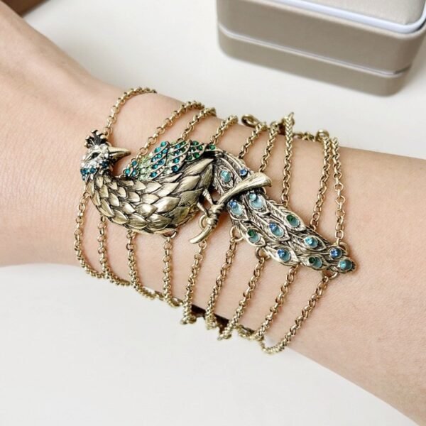 Zinc Alloy Layered Peacock Bracelet Boho Style Ethics Vintage Style OT Clasp Enamel Bracelet Rhinestone Inlaid Feather Shape Wrist Chain - 19cm