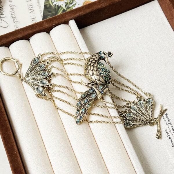 Zinc Alloy Layered Peacock Bracelet Boho Style Ethics Vintage Style OT Clasp Enamel Bracelet Rhinestone Inlaid Feather Shape Wrist Chain - 19cm - Image 2