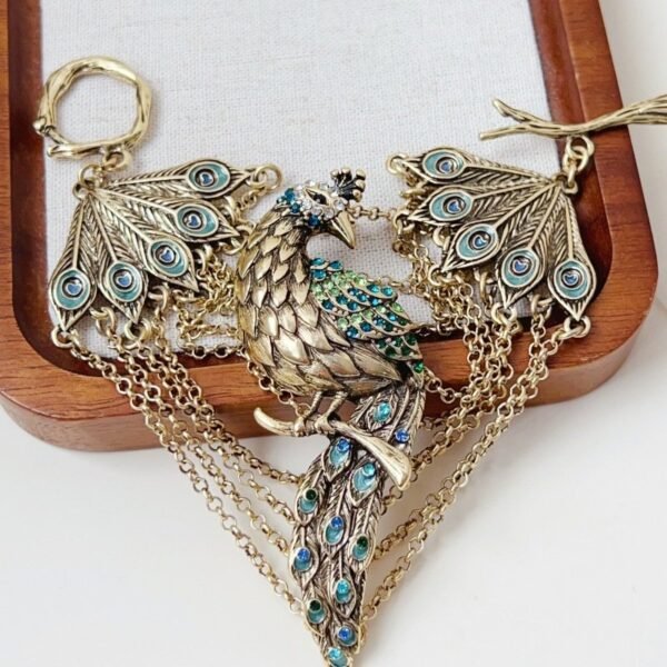 Zinc Alloy Layered Peacock Bracelet Boho Style Ethics Vintage Style OT Clasp Enamel Bracelet Rhinestone Inlaid Feather Shape Wrist Chain - 19cm - Image 3