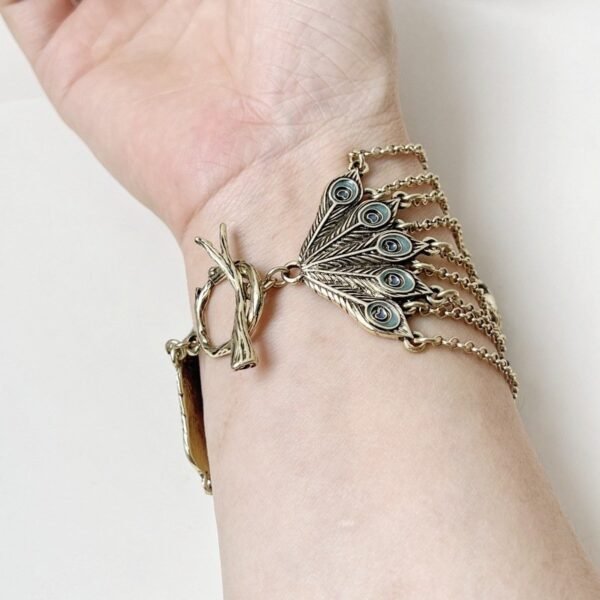 Zinc Alloy Layered Peacock Bracelet Boho Style Ethics Vintage Style OT Clasp Enamel Bracelet Rhinestone Inlaid Feather Shape Wrist Chain - 19cm - Image 7