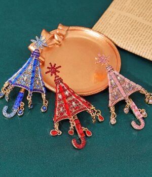 Rhinestone Inlaid Sparkling Umbrella Brooch Red / Blue / Pink