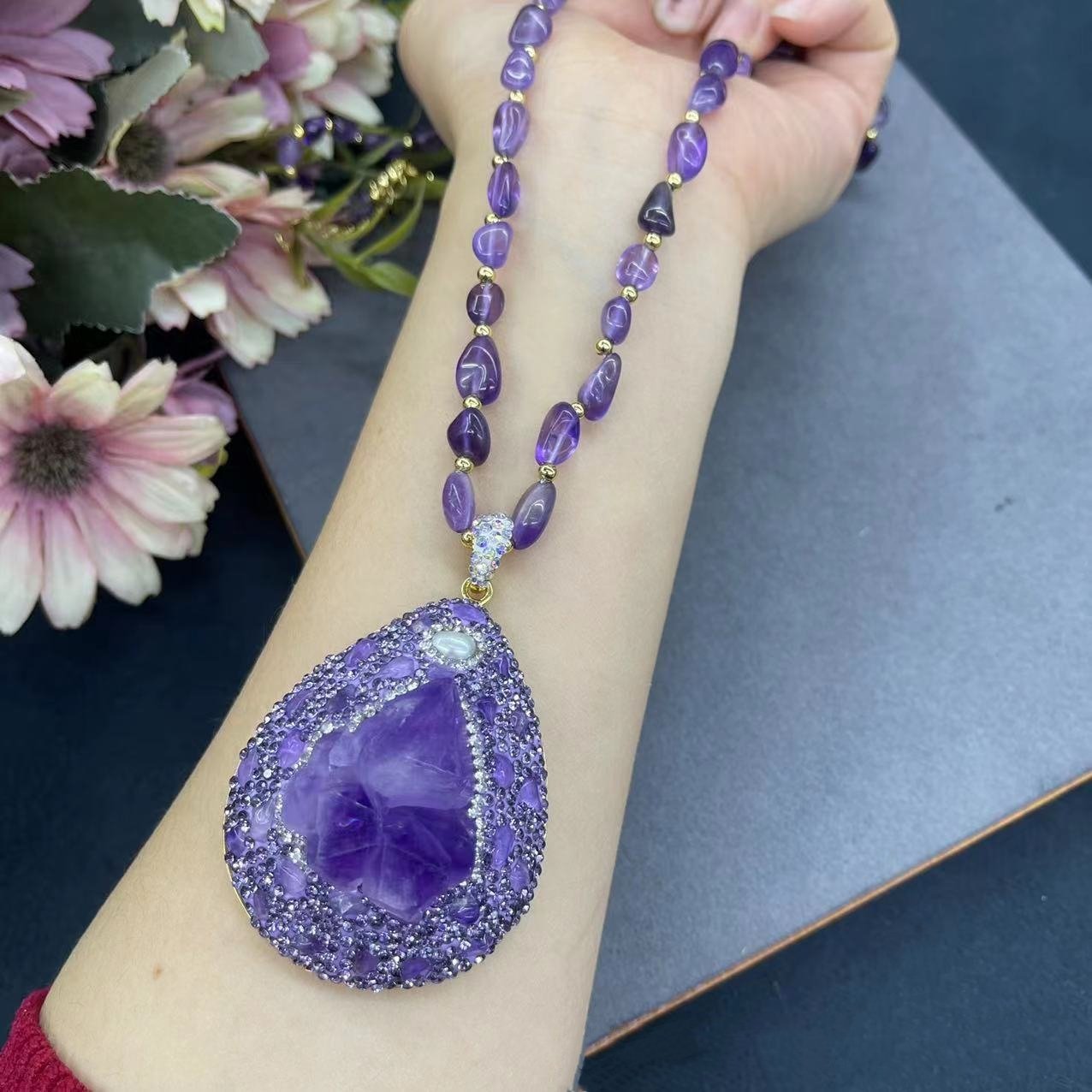 Amethyst Jewelry Set Natural Crystal Dangle Earrings Beaded Necklace Adjustable Size Ring - Image 4