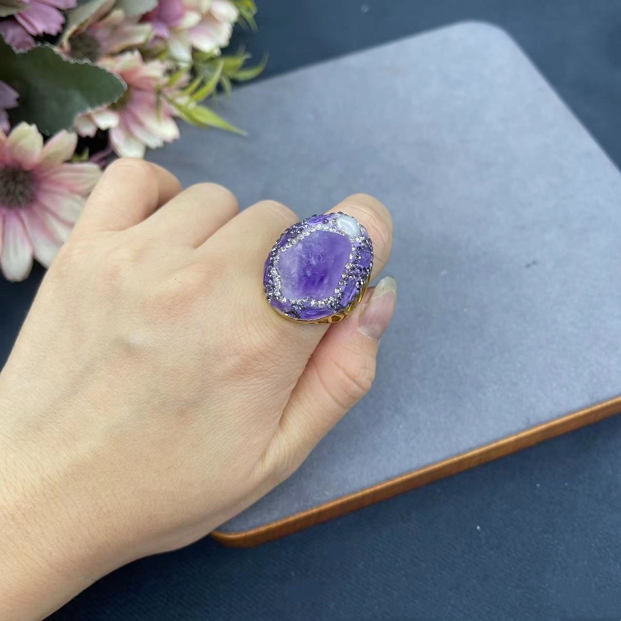 Amethyst Jewelry Set Natural Crystal Dangle Earrings Beaded Necklace Adjustable Size Ring - Image 5