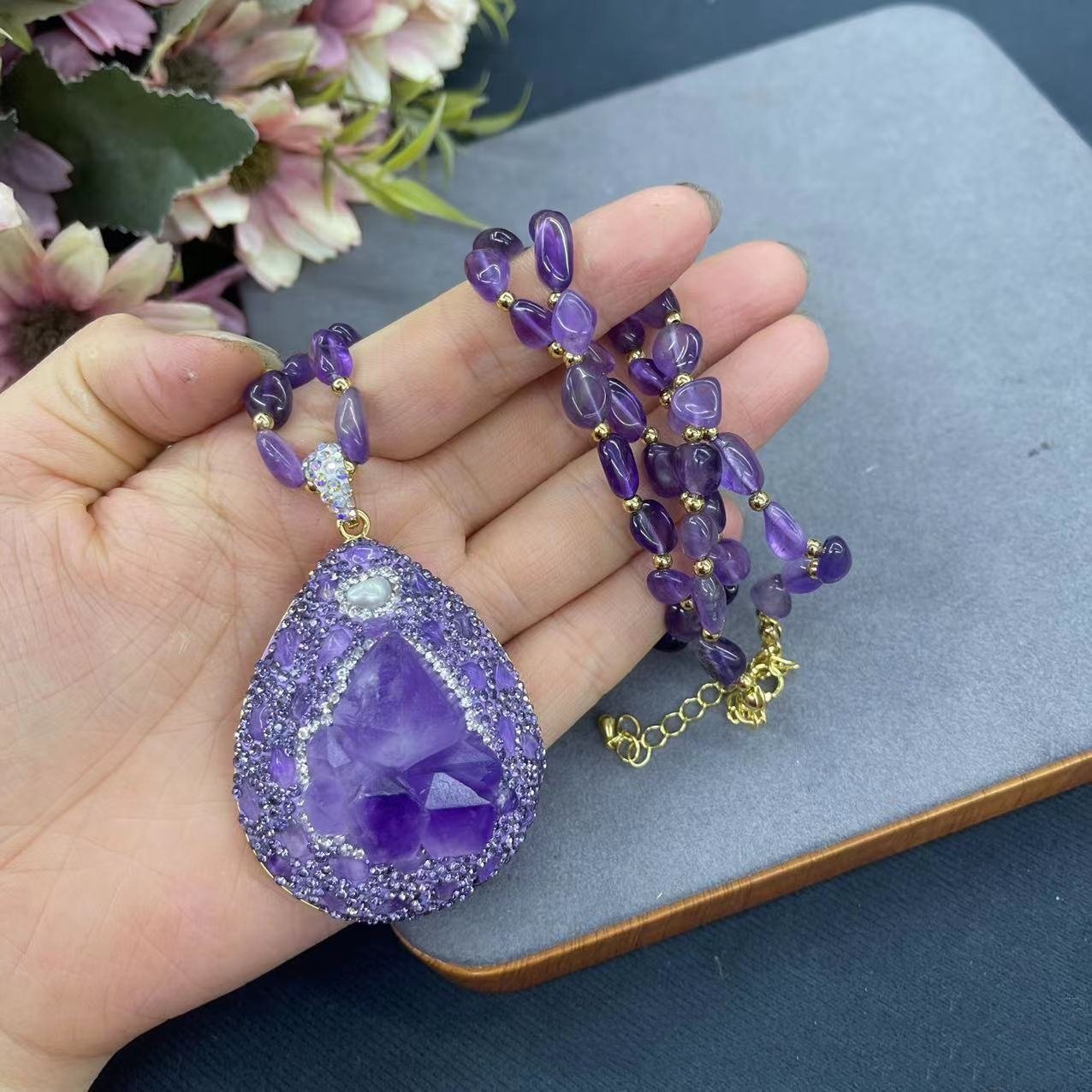 Amethyst Jewelry Set Natural Crystal Dangle Earrings Beaded Necklace Adjustable Size Ring - Image 3