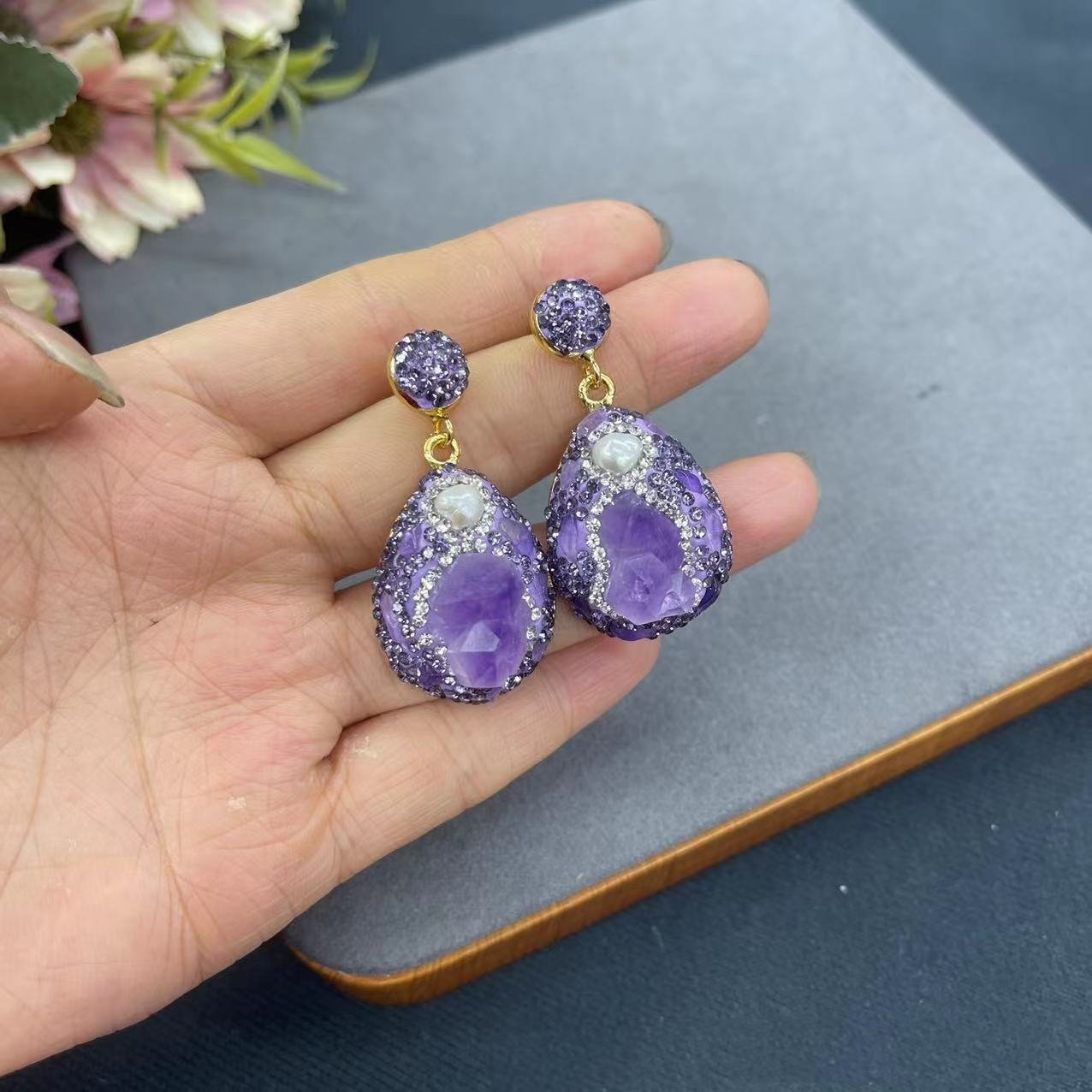 Amethyst Jewelry Set Natural Crystal Dangle Earrings Beaded Necklace Adjustable Size Ring - Image 2