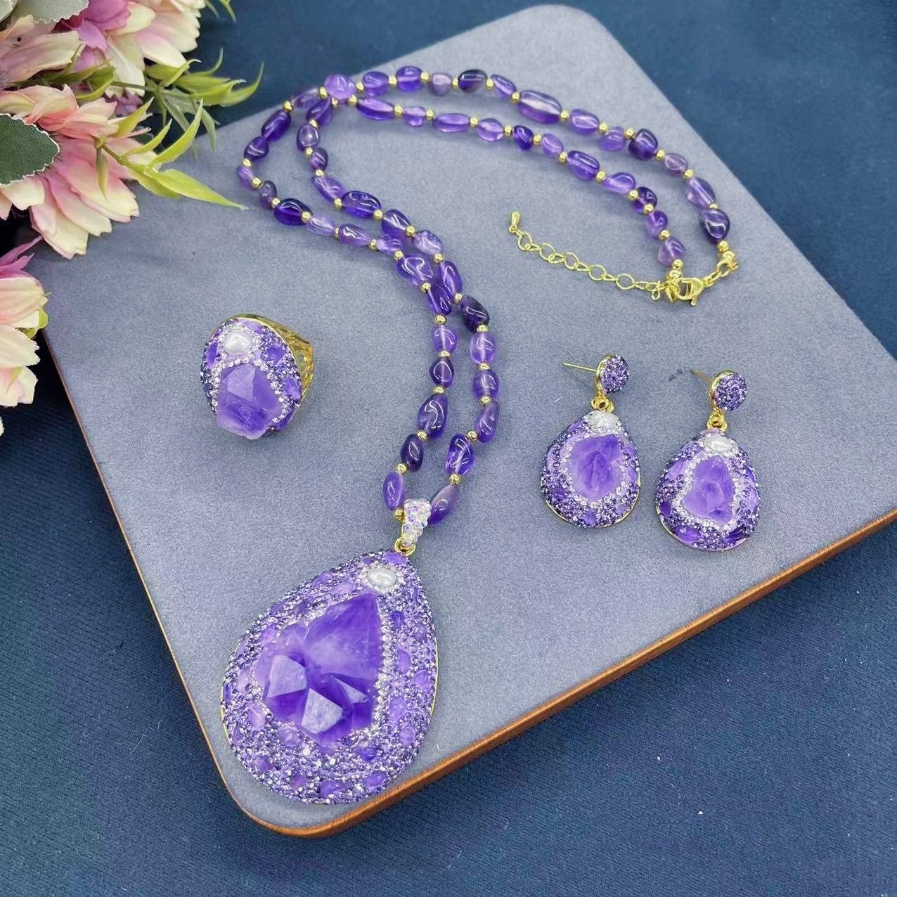 Amethyst Jewelry Set Natural Crystal Dangle Earrings Beaded Necklace Adjustable Size Ring