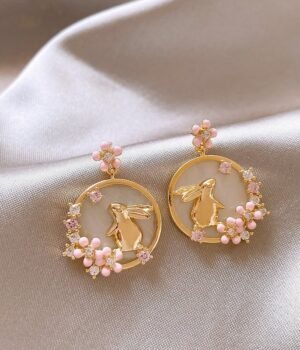 Cute Rabbit Round Dangle Flower Earrings
