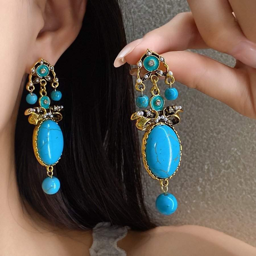 Turquoise Stone Dangle Earrings - Image 2