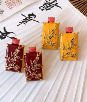Chinese Style Enamel Color Flower Square Shape Stud Earrings Red / Yellow