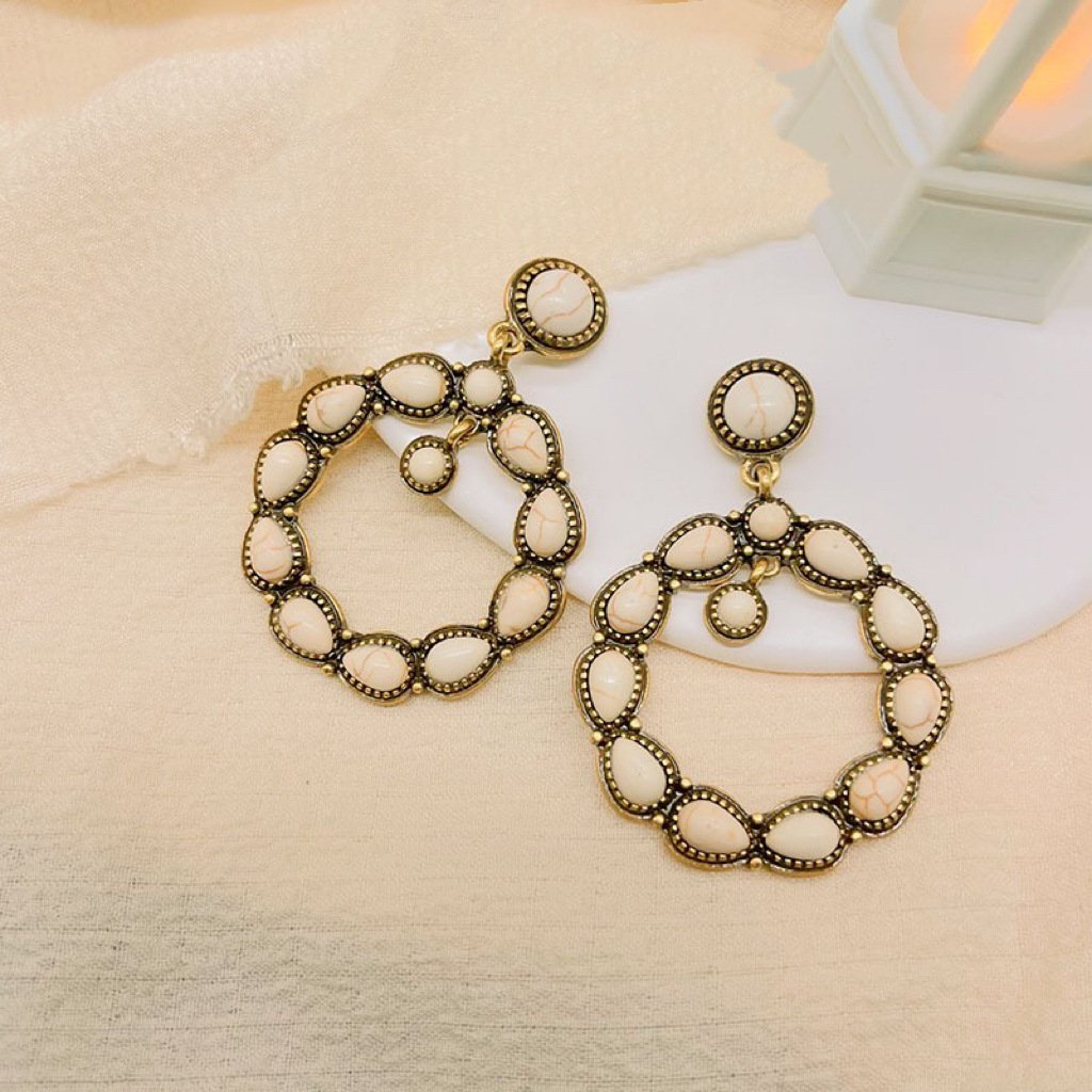 White Turquoise Stone Inlaid Round Dangle Earrings - Image 2