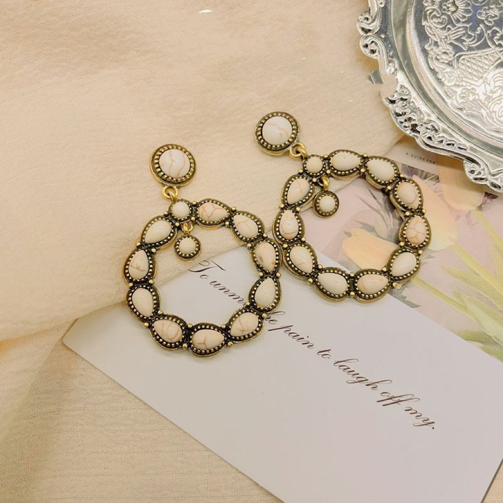 White Turquoise Stone Inlaid Round Dangle Earrings