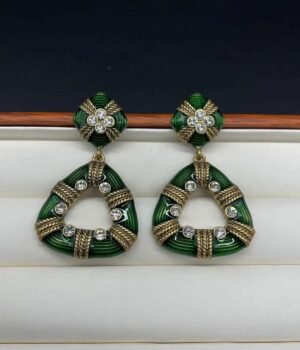 Enamel Green / Red Vintage Style Hollow Triangle Shape Dangle Earrings