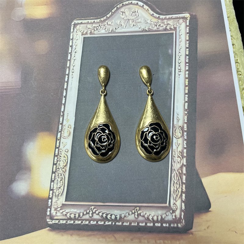 Vintage Style Dangle Earrings Black Enamel Rose Drop Shape - Image 2