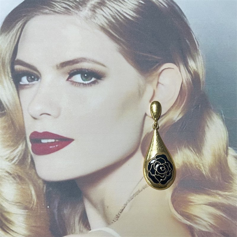 Vintage Style Dangle Earrings Black Enamel Rose Drop Shape