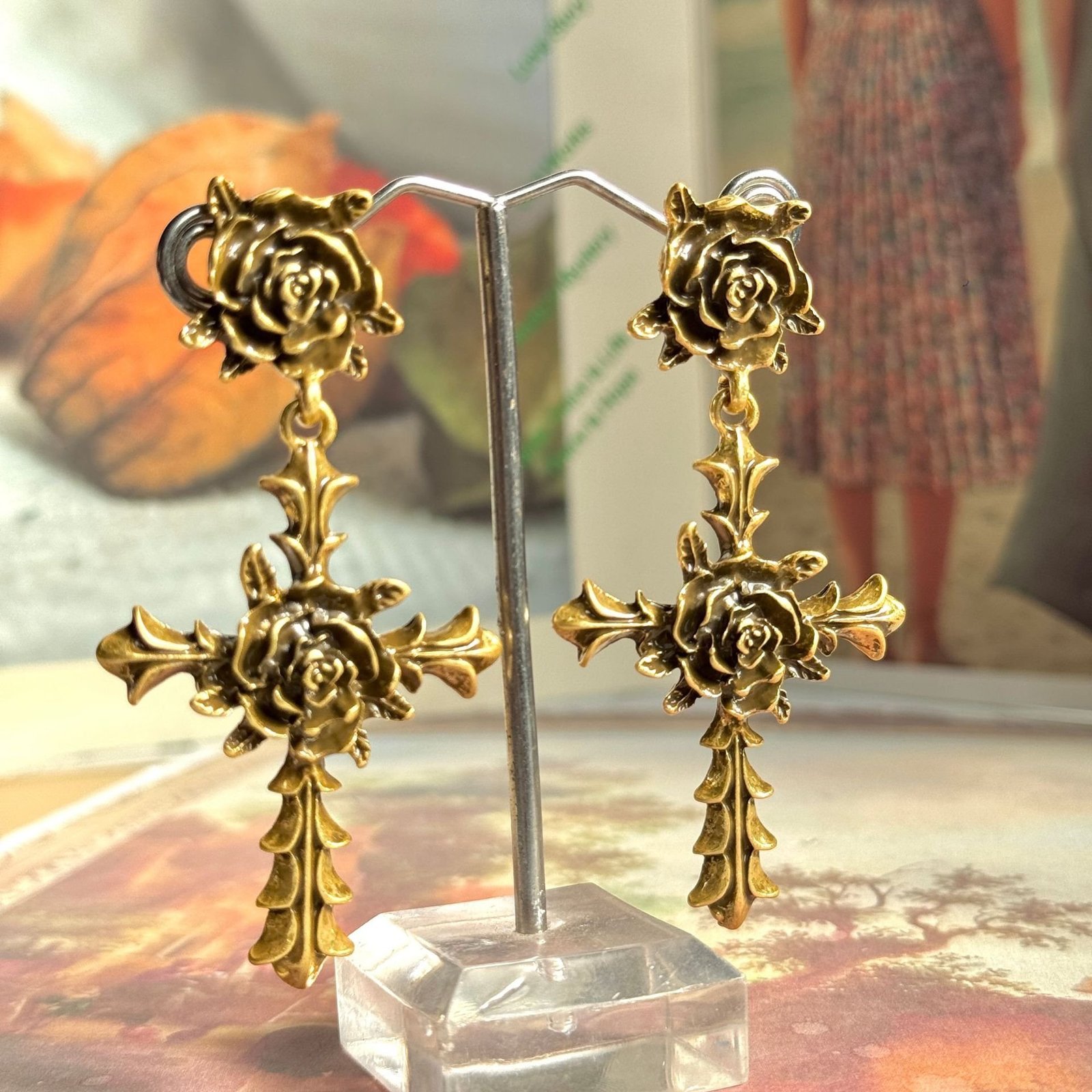 Vintage Style Dangle Cross Shape Earrings with Rose Flower