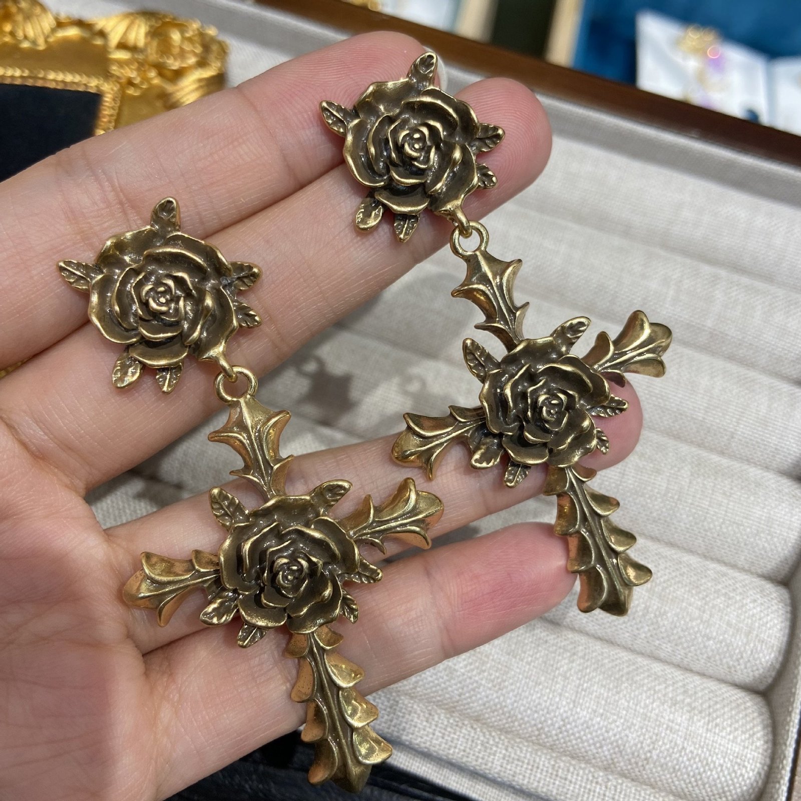 Vintage Style Dangle Cross Shape Earrings with Rose Flower - Image 3
