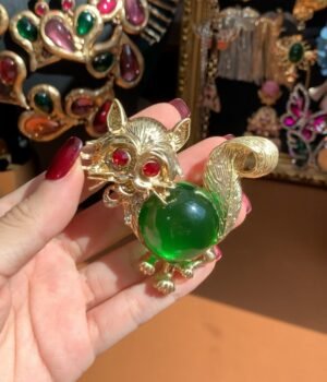 Crystal Clear Green Color Jelly Belly Red Eyes Squirrel Brooch