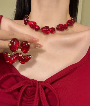 Red Heart Crystal Clear Dangle Earrings Resin Necklace Set