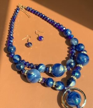 Blue Earth Cokor Round Resin Ball Beaded Necklace Earrings Set