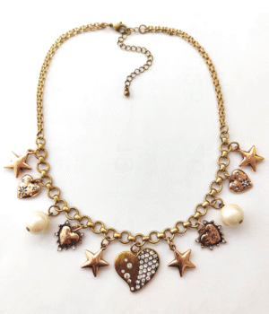 Antique Cooper Color Alloy Heart Star Pearl Charm Necklace / Bracelet