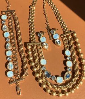 Gold Plated Vintage Style Braided Layered Necklace / Dangle Earrings / 3 Layers Bracelet / Rhinestone Inlaid Elegant Jewelry Set