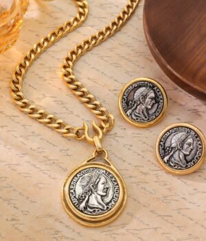 Vintage Design Greek Athena Embossed Coin Shape Pendant Necklace / Stud Earrings / Set