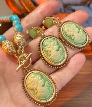Vintage Style Cameo Style Turquoise Beads Chain Necklace / Dangle Ear Clips