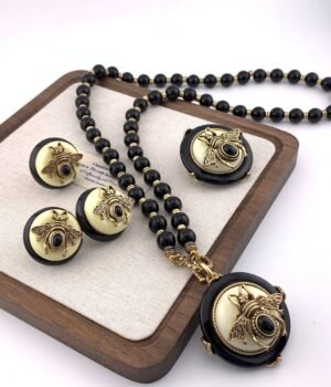 Vintage Style Antique Bumblebee Round Shape Stud Earrings / Brooch Pin / Black Beaded Chain Necklace /