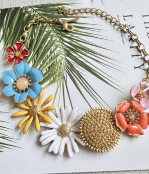 Vintage Style Gold Plated Colorful Enamel Flower Necklace Big Maximelism StyleChoker