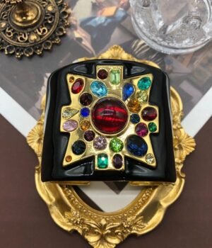 Enamel Color Bangle Vintage Design Colorful Glass Inlaid Open Size Cuff Black / White