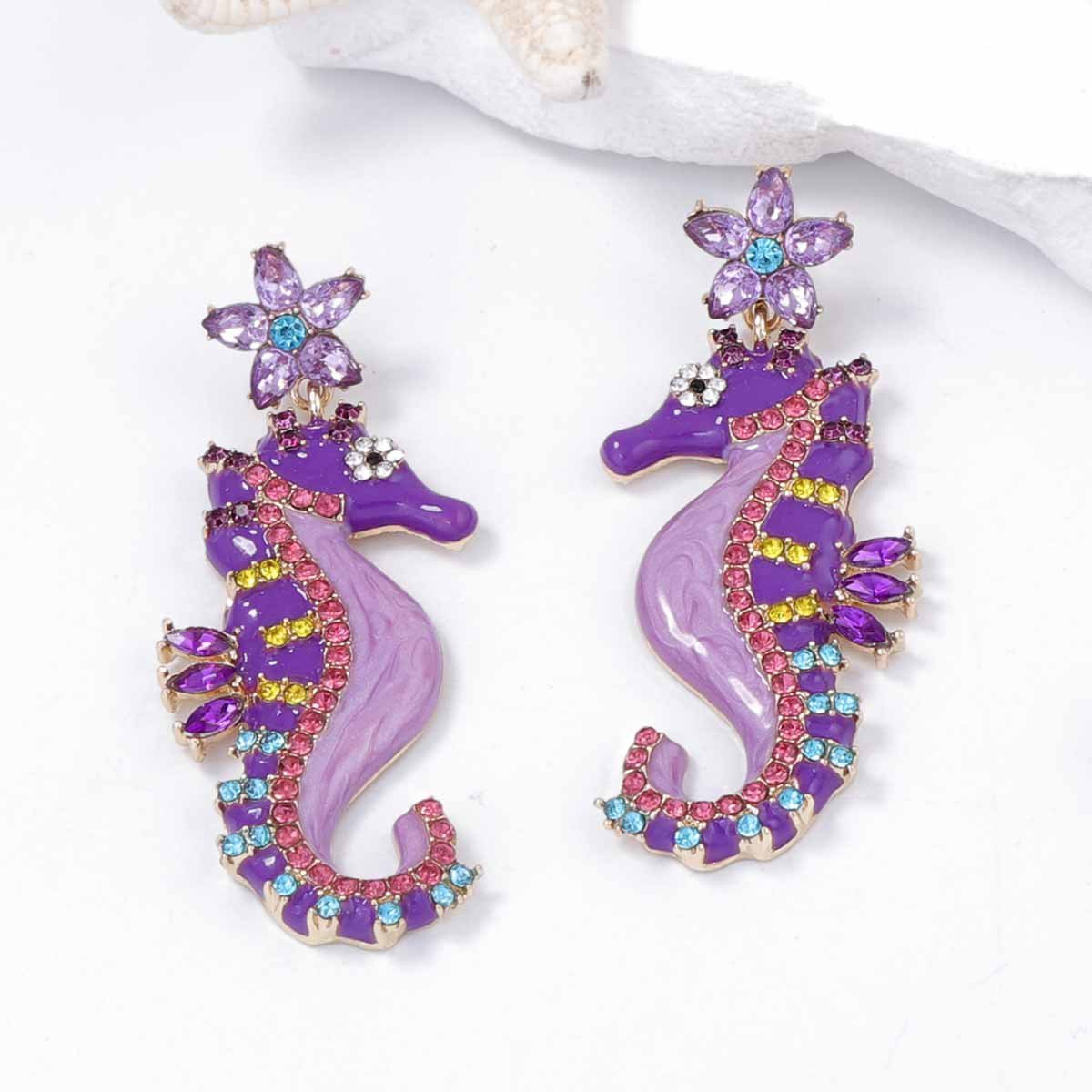 Colorful Enamel Color Sea Horse Dangle Earrings Rhinestone Inlaid Sparkle Earrings - Image 6
