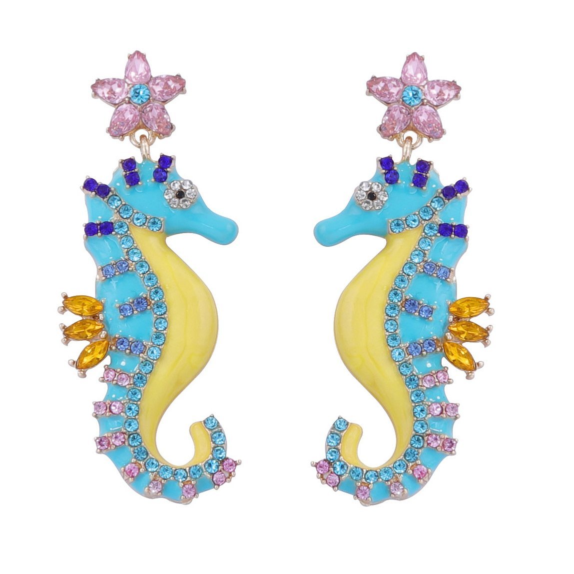 Colorful Enamel Color Sea Horse Dangle Earrings Rhinestone Inlaid Sparkle Earrings - Image 8