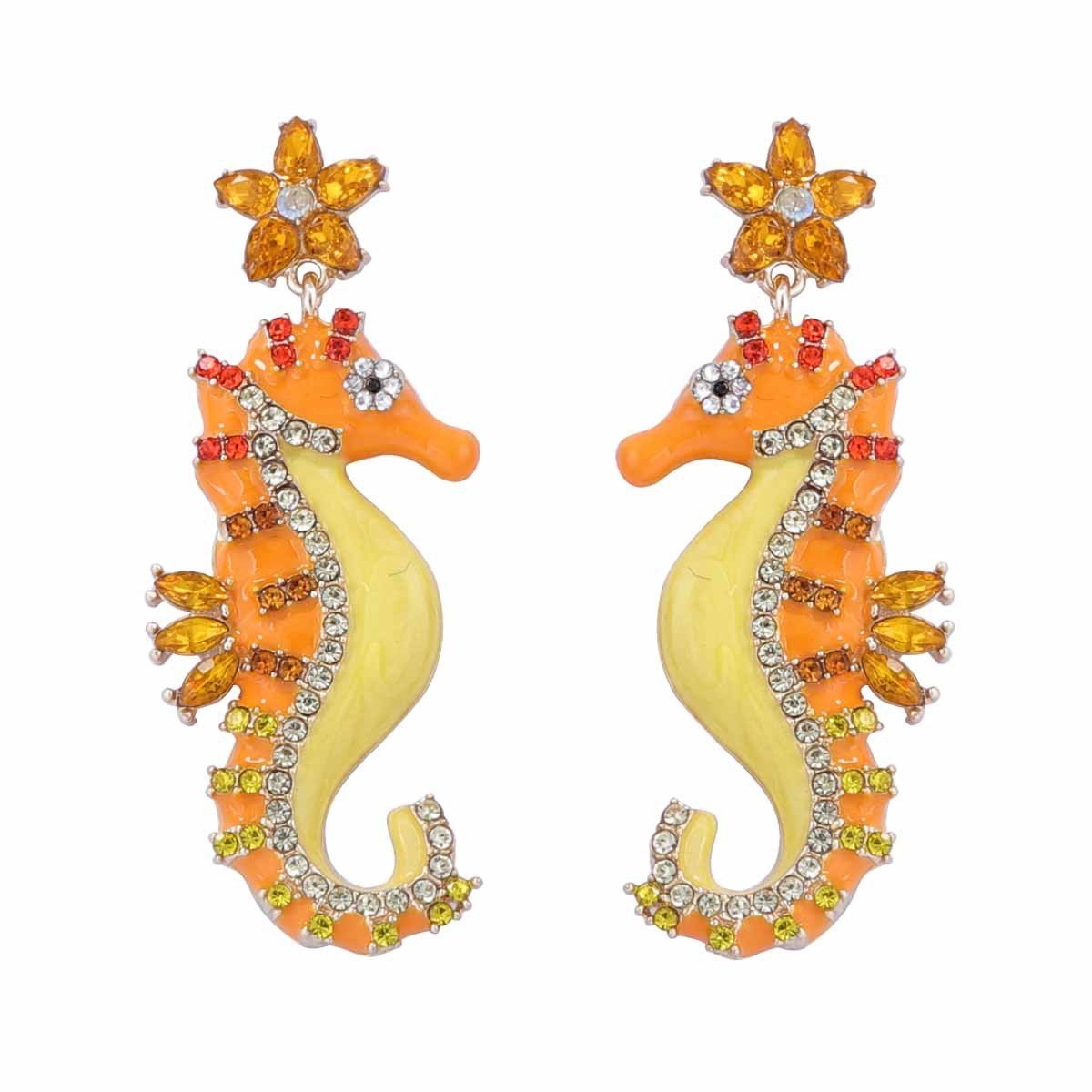 Colorful Enamel Color Sea Horse Dangle Earrings Rhinestone Inlaid Sparkle Earrings - Image 7