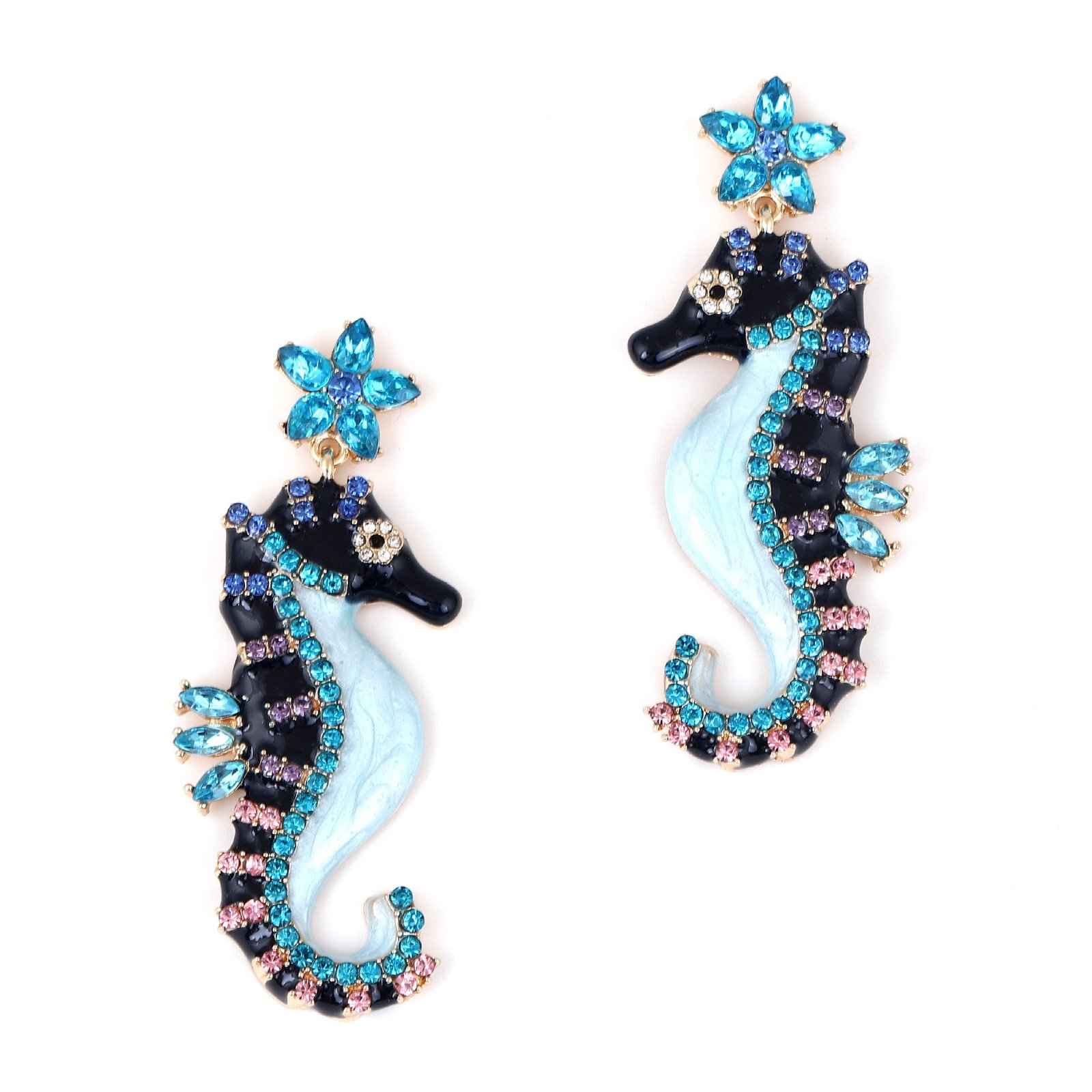 Colorful Enamel Color Sea Horse Dangle Earrings Rhinestone Inlaid Sparkle Earrings - Image 9