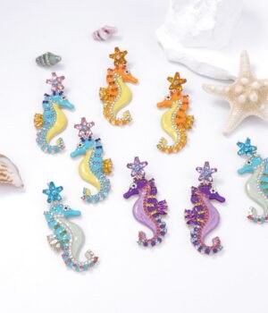 Colorful Enamel Color Sea Horse Dangle Earrings Rhinestone Inlaid Sparkle Earrings