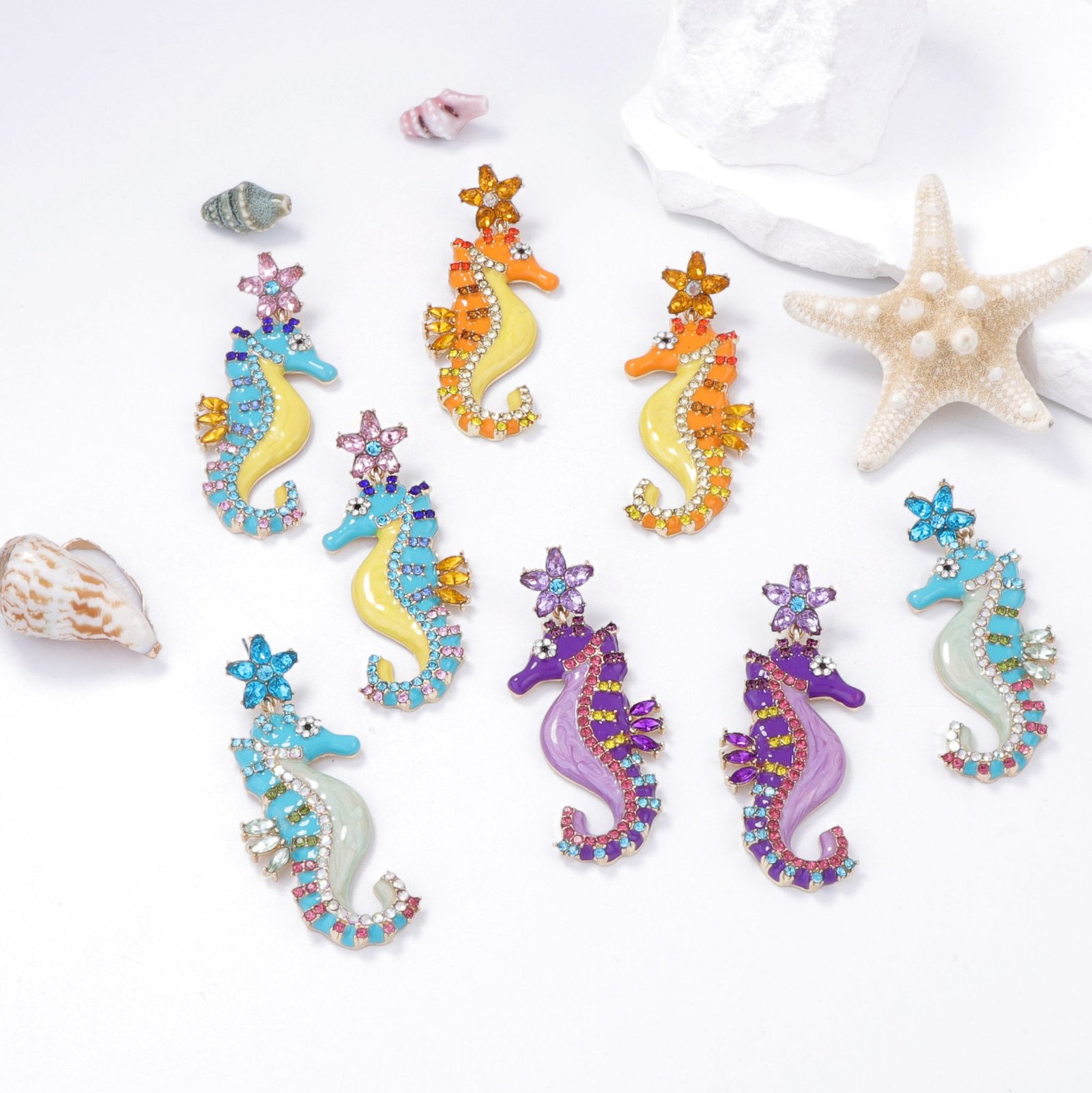 Colorful Enamel Color Sea Horse Dangle Earrings Rhinestone Inlaid Sparkle Earrings